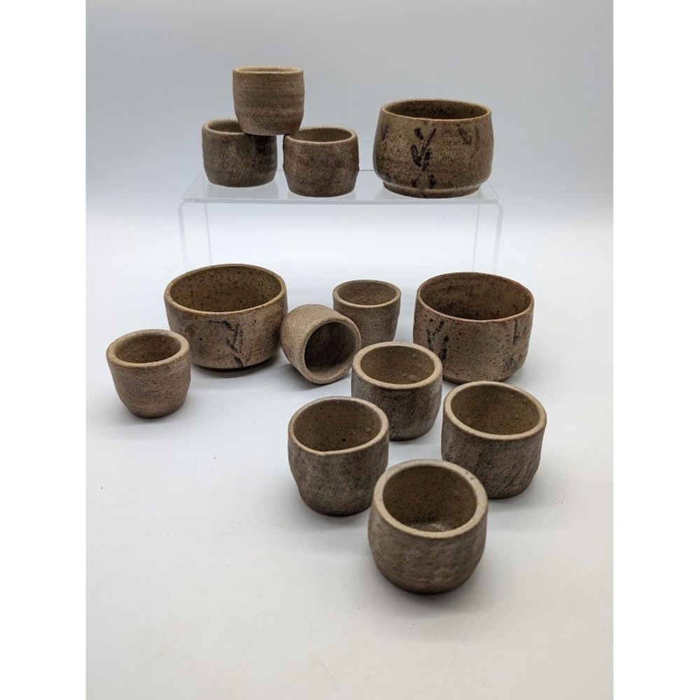 13 Pc Studio Pottery Ochoko Sake Set Artist Signed Stoneware Wabi Sabi Vintage